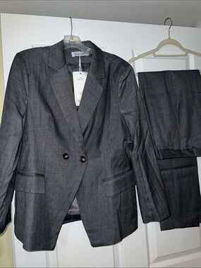 Dark Charcoal Plaid Women's Blazer & Trouser Set